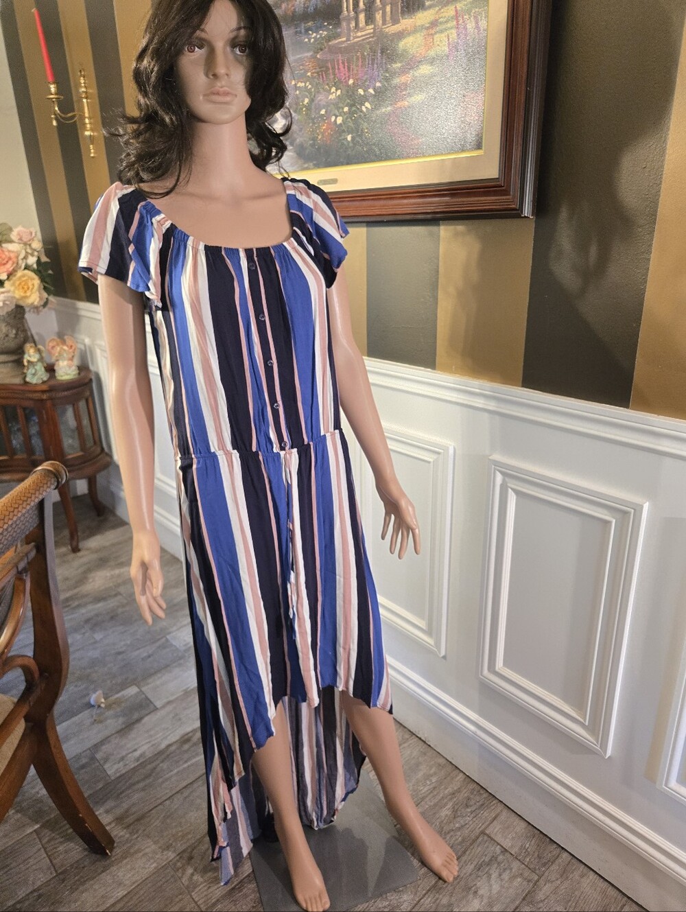 J for Justify Navy, Blue & Blush Striped High-Low Dress